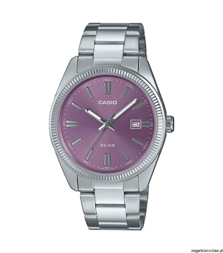 Klasyczny zegarek męski na bransolecie fioletowa tarcza Casio MTP-1302PD